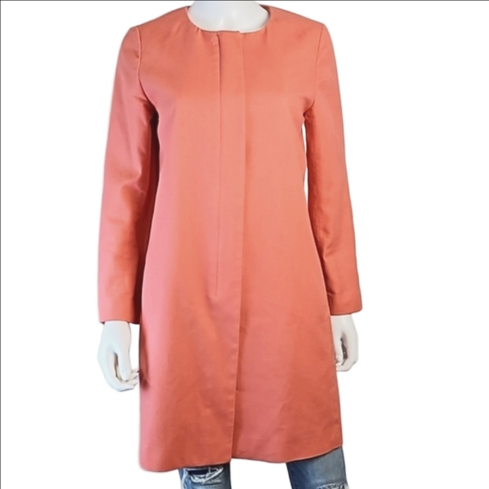 J. Crew Factory 100% Cotton Coral Zip Front Collarless Jacket Trench Coa…